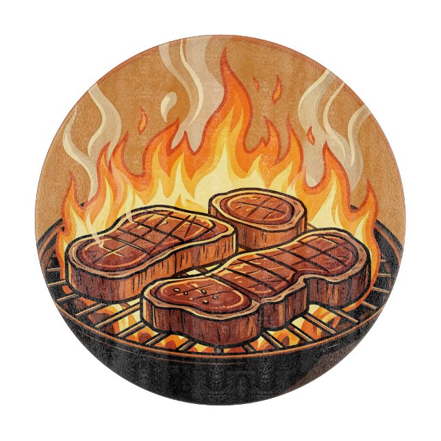Planche À Découper Steaks grillés flammes BBQ (Devant)