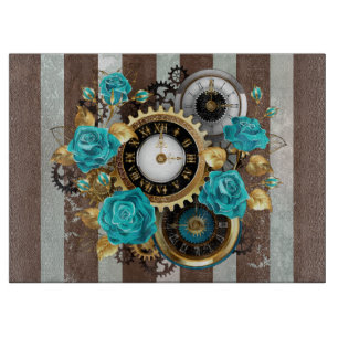 Planche À Découper Steampunk Clock and Turquoise Roses on Striped