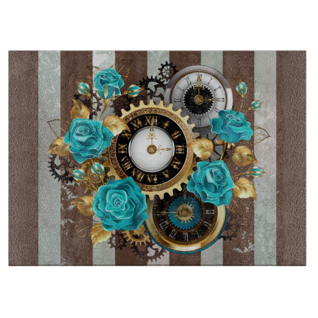Planche À Découper Steampunk Clock and Turquoise Roses on Striped (Devant)