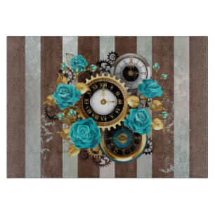 Planche À Découper Steampunk Clock and Turquoise Roses on Striped