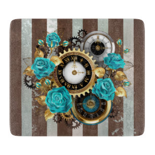 Planche À Découper Steampunk Clock and Turquoise Roses on Striped