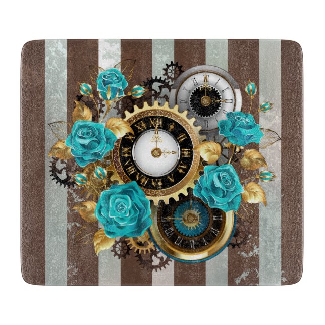 Planche À Découper Steampunk Clock and Turquoise Roses on Striped (Devant)