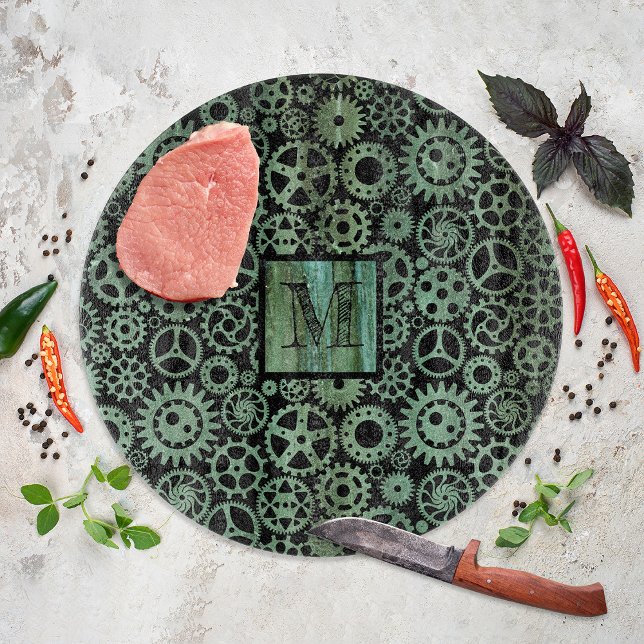 Planche À Découper Steampunk Verdigris bronze engrenages Monogramme (Créateur téléchargé)