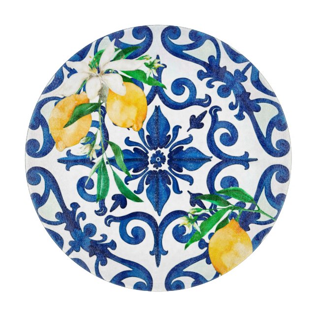Planche À Découper style italien, mosaïque, bleu, citron, (Devant)