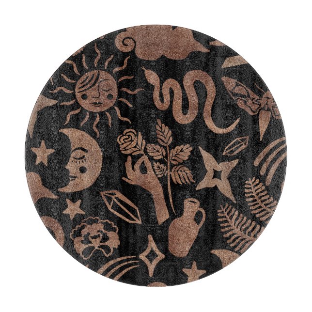 Planche À Découper Symboles mystiques : serpent, soleil, lune. (Devant)