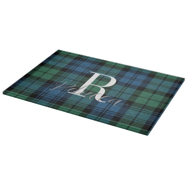 Planche À Découper Tartan à carreaux rustique monogramme vert Campbel (Coin)