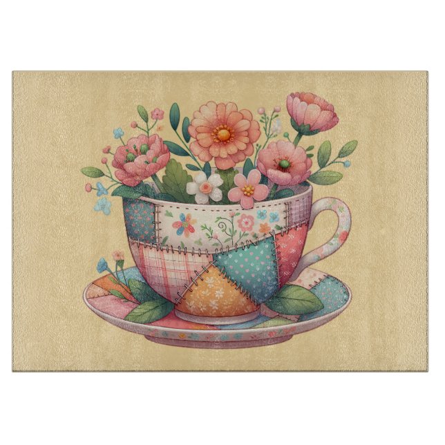 Planche À Découper Tasse à thé patchwork aux fleurs fantaisistes (Devant)