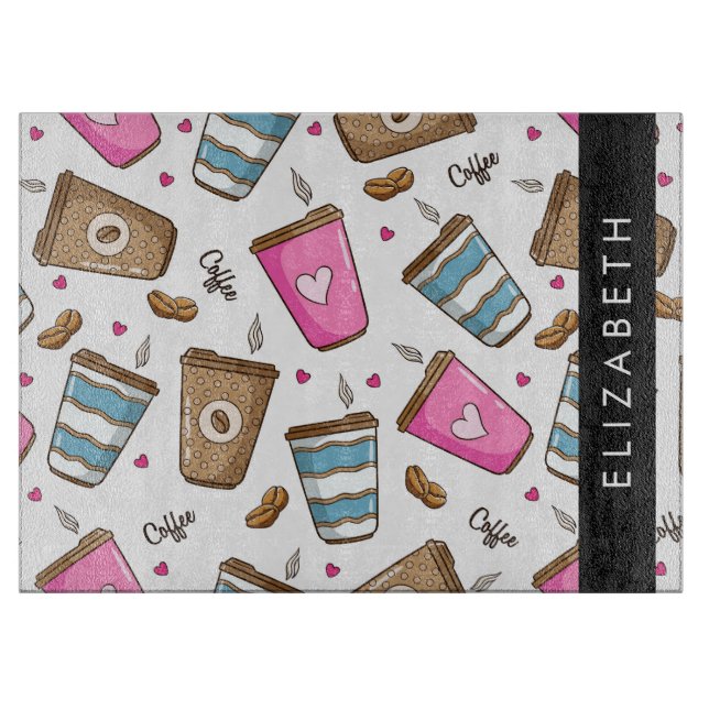 Planche À Découper Tasses À Café, Haricots À Café, Coeurs, Votre Nom (Devant)