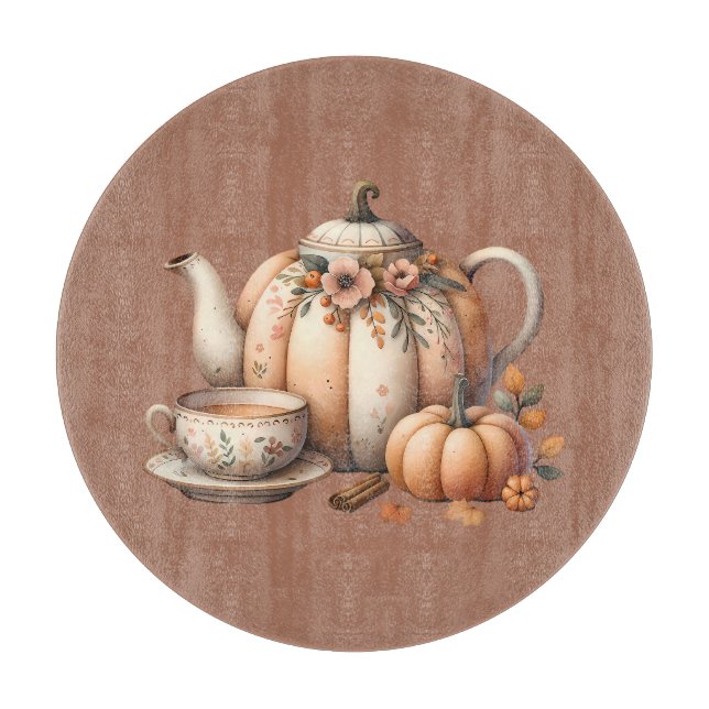 Planche À Découper Teapot citrouille avec fleurs d'automne (Devant)