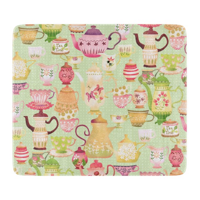 Planche À Découper Teapots et tasses vert (Devant)