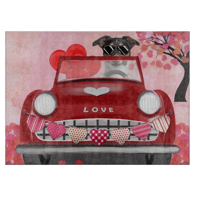 Planche À Découper Terre-Neuve dans une voiture avec des coeurs (Devant)