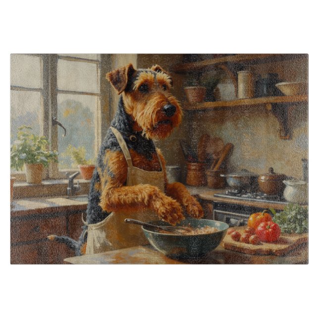Planche À Découper Terrier Airedale faisant la cuisine dans la cuisin (Devant)