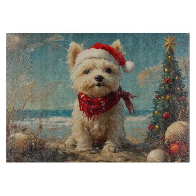 Planche À Découper Terrier Blanc de West Highland Chien Noël Plage (Devant)