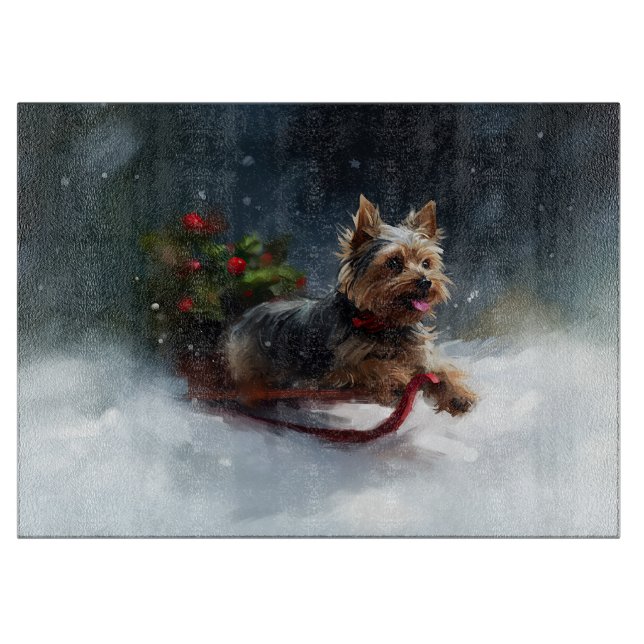 Planche À Découper Terrier du Yorkshire Noël neige hiver  (Devant)