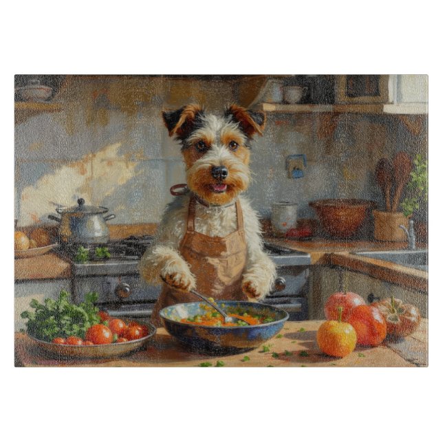 Planche À Découper Terrier Fox à poil dur cuisinant dans la cuisine (Devant)