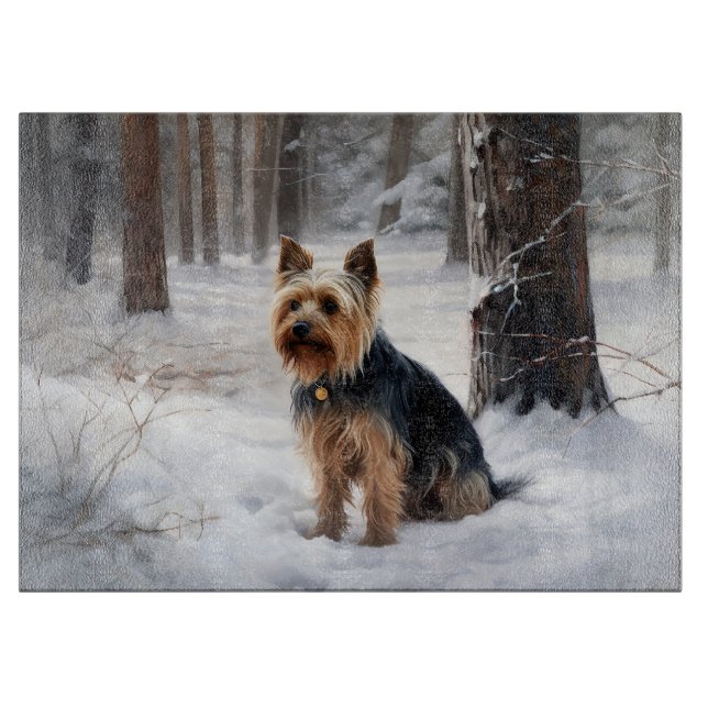 Planche À Découper Terrier Silky laisse tomber la neige de Noël  (Devant)