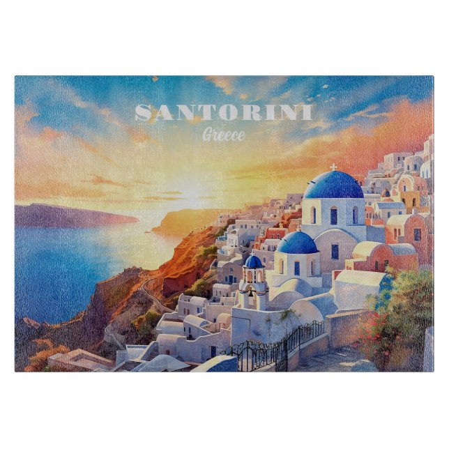 Planche À Découper Texte personnalisé Coucher de soleil Santorin Grèc (Devant)