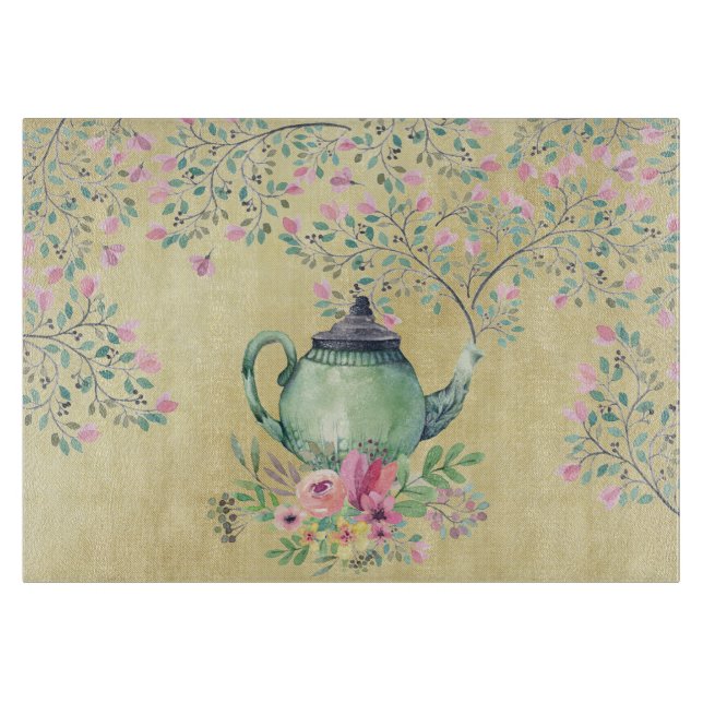 Planche À Découper Théière d'aquarelle et or élégants de fleurs (Devant)