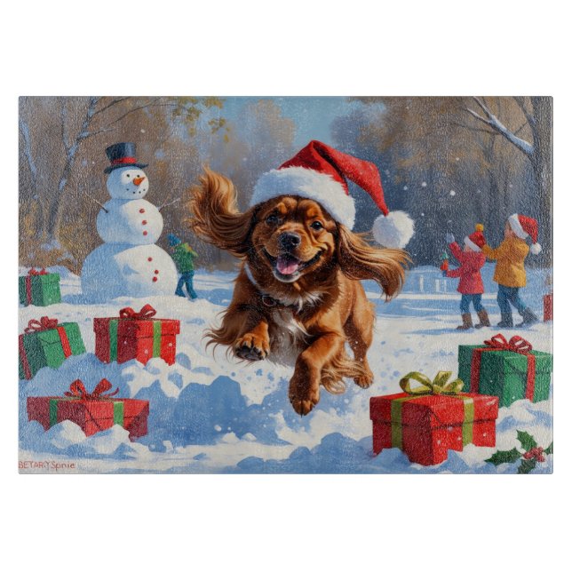 Planche À Découper Tibétain Spaniel courant dans la neige avec un cha (Devant)