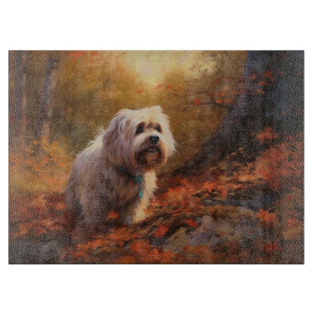 Planche À Découper Tibetan Terrier dans les feuilles d'automne chute  (Devant)
