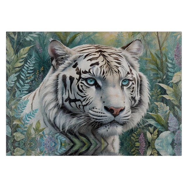 Planche À Découper Tigre blanc dans une jungle bleue verte (Devant)