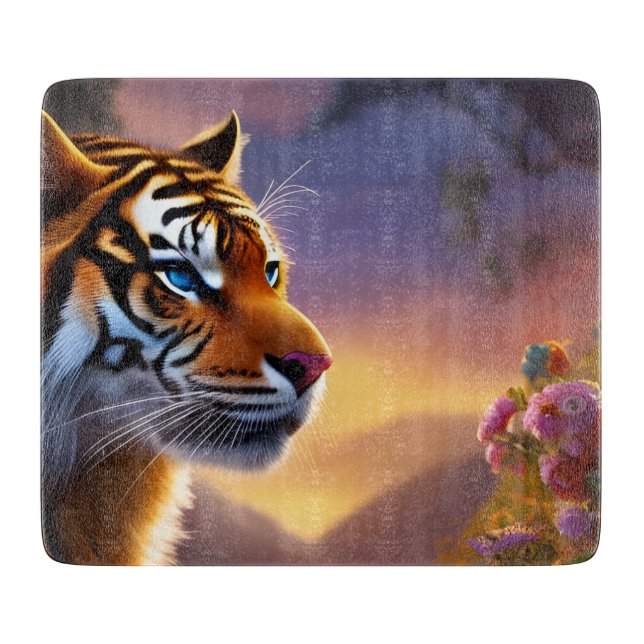 Planche À Découper Tigre bleu et fleurs roses (Devant)