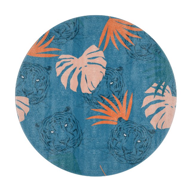 Planche À Découper Tigres tropicaux Feuilles Bleu profond (Devant)