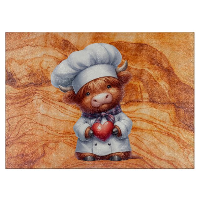 Planche À Découper Tiki Verre Texté Avec Chef Vache Highland (Devant)