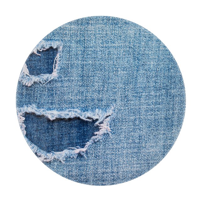 Planche À Découper Tissu en denim déchiré, teintes bleues. (Devant)