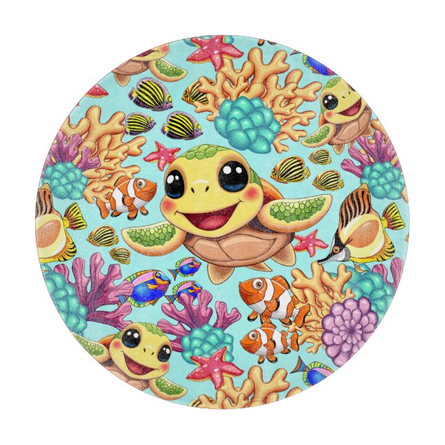 Planche À Découper Tortue de mer bébé heureuse et mignonne (Devant)