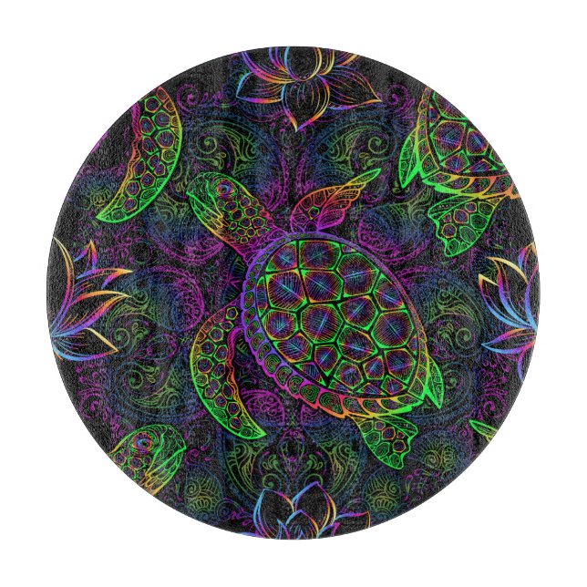Planche À Découper Tortue de mer Boho : Motif psychédélique mandala (Devant)