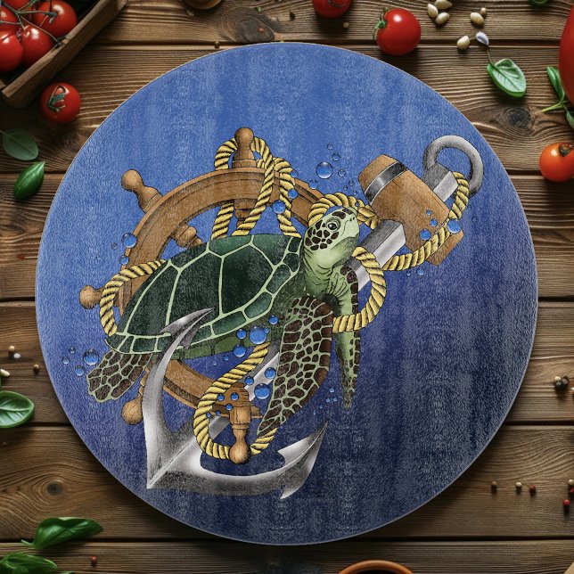 Planche À Découper Tortue de mer nautique Ancre Roue de navire Bleu (Créateur téléchargé)