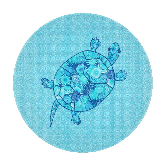 Planche À Découper Tortue tourbée fractale - cobalt et bleu turquoise (Devant)