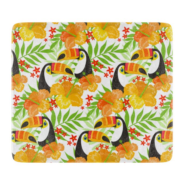 Planche À Découper Toucan Oiseau Fleurs Orange Feuilles Vertes Tropic (Devant)