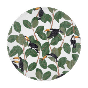 Planche À Découper Toucan Parrot et Ficus : Élégance Vintage.