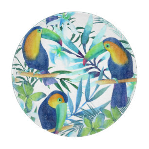 Planche À Découper Toucans tropicaux : Motif de fleurs exotiques.