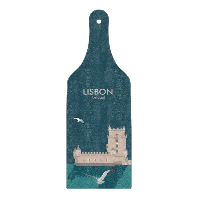 Planche À Découper Tour de Belem de Lisbonne dans le style poster vin (Devant)