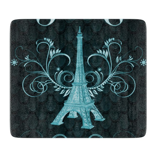 Planche À Découper Tour Eiffel Turquoise Floral (Devant)