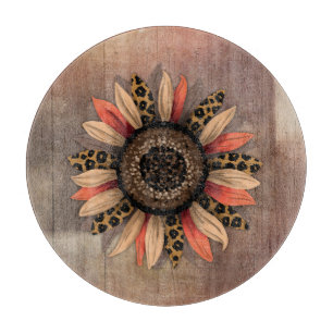 Planche À Découper Tournesol d'automne sur bois de ferme rustique
