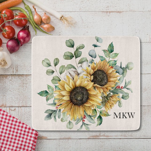 Planche À Découper Tournesol rustique vintage aquarelle monogrammé (In situ kitchen table)