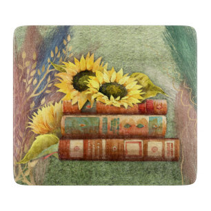 Planche À Découper Tournesols d'automne sur des livres empilés