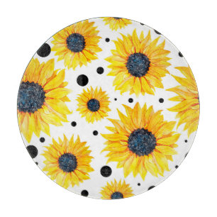 Planche À Découper Tournesols jaunes sur fond blanc motif