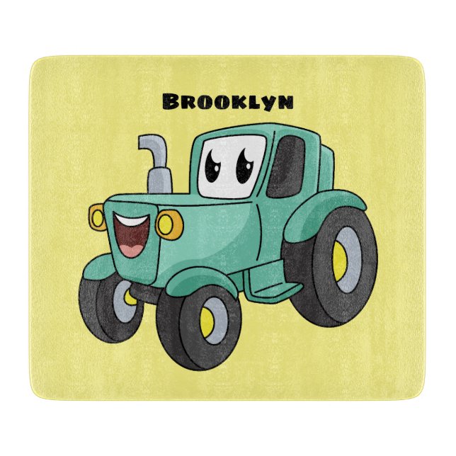 Planche À Découper Tracteur vert heureux dessin animé mignon (Devant)