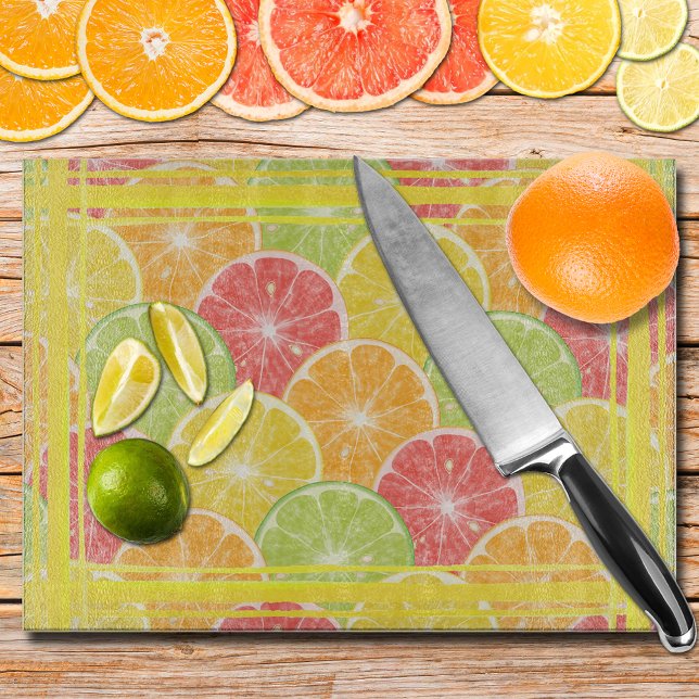 Planche À Découper Tranches d'agrumes et bandes (Citrus Fruit Slices and Stripes Glass Cutting Board)