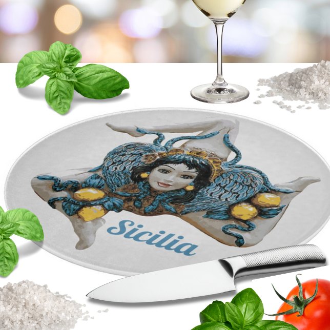 Planche À Découper Trinacria sicilienne Méduse - Symbole de la Sicile (Triancria Medusa Symbol of Sicily - Sicilian Kitchen Glass Cutting Board)