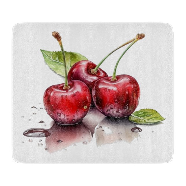 Planche À Découper Trio de cerises fraîches en aquarelle (Devant)