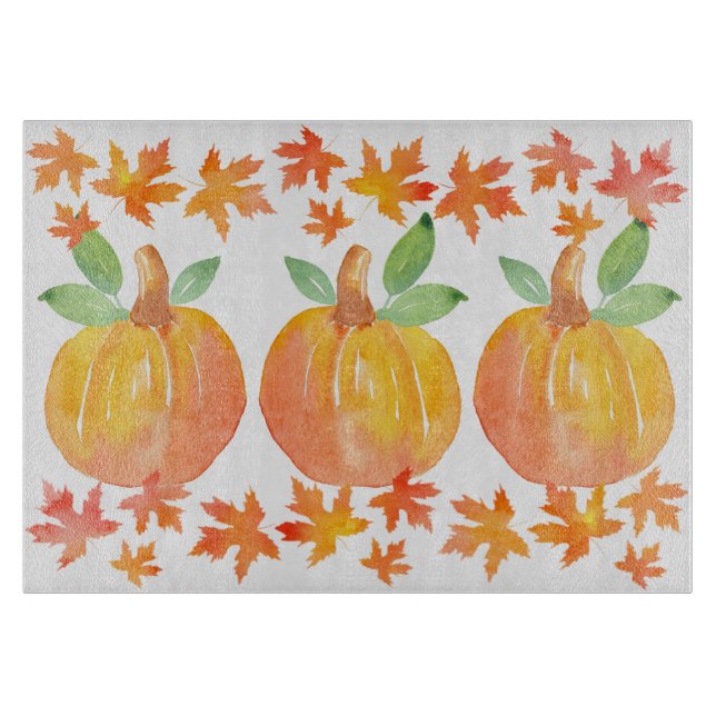 Planche À Découper Trois Citrouilles d'aquarelle et Feuilles d'érable (Devant)