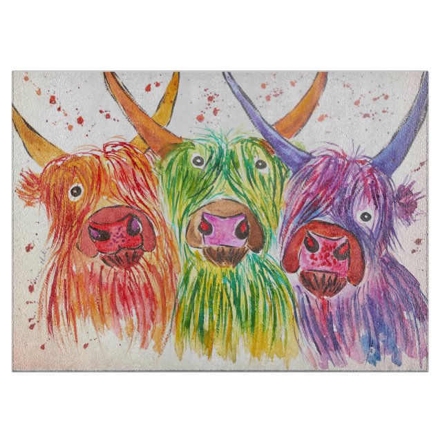 Planche À Découper Trois vaches des montagnes colorées originales (Devant)