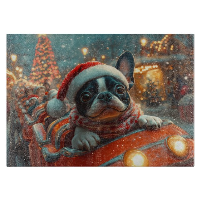 Planche À Découper Trottinette de chien Boston Terrier Noël (Devant)