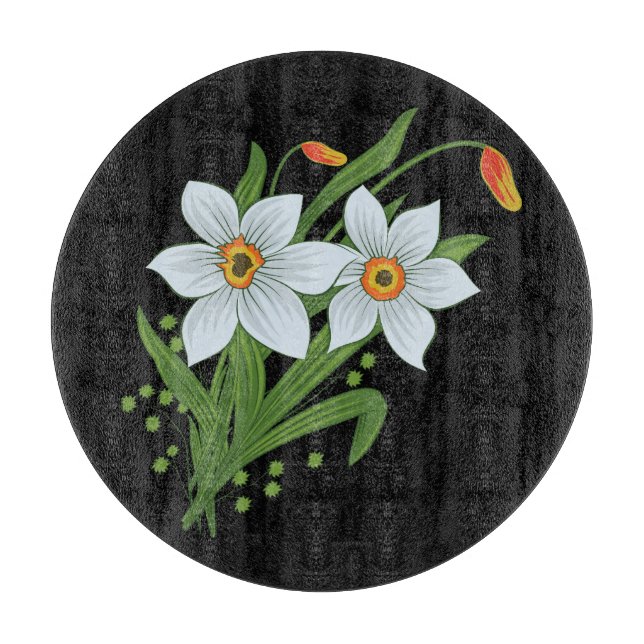 Planche À Découper Tulipes et jonquilles Fleurs Fond noir (Devant)